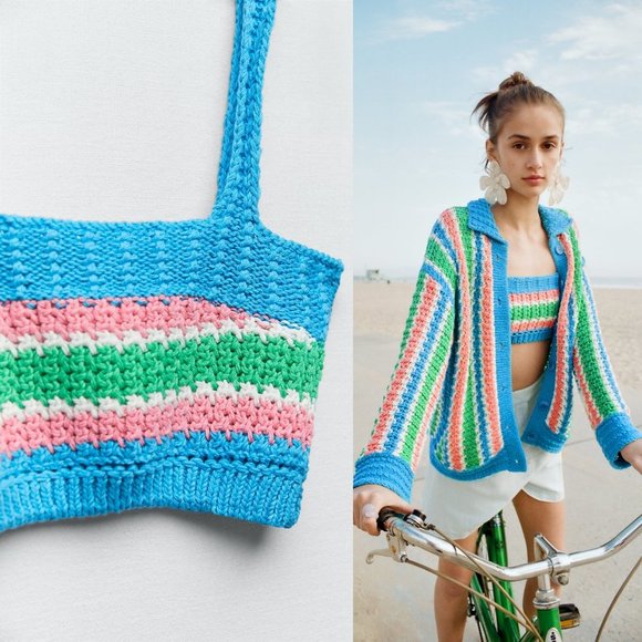 NEW Zara Crochet Knit Striped Y2K Cropped Top Blue Pink Green White Small S - Picture 6 of 7
